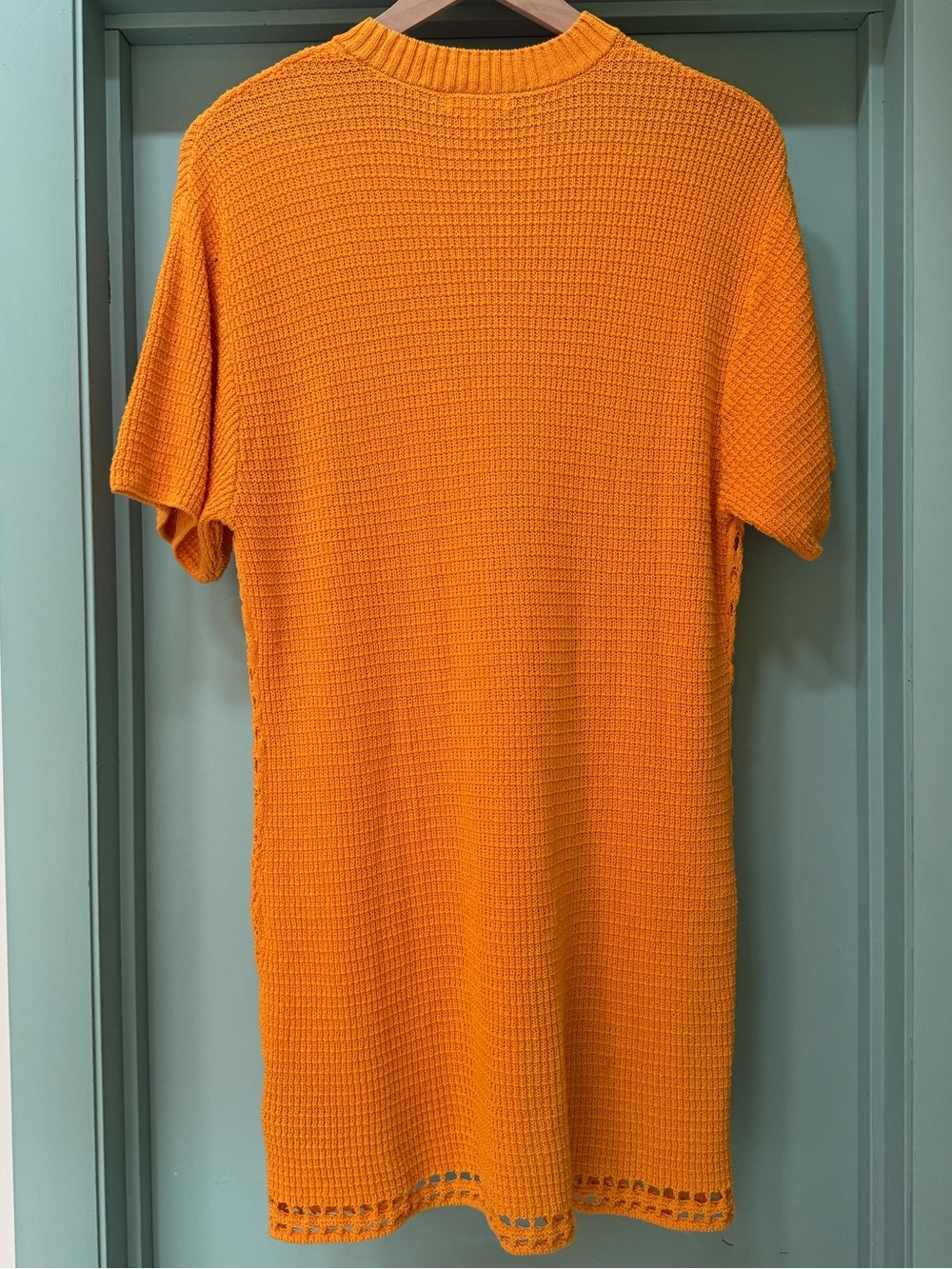 Medium Vibrant Orange Crochet Knit Mini Dress Cotton Mod Summer Beach Festival - Picture 3 of 16